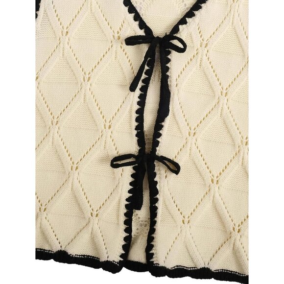 Women's Knit Sweater Vest Acrylic Small V Neck Contrast Binding Tie Front - Picture 3 of 7